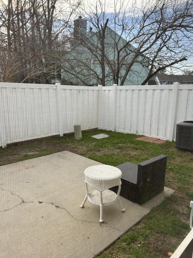 view of yard featuring a patio, central AC, and a fenced backyard