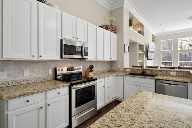 kitchen with tasteful backsplash, ornamental molding, stainless steel appliances, and a sink