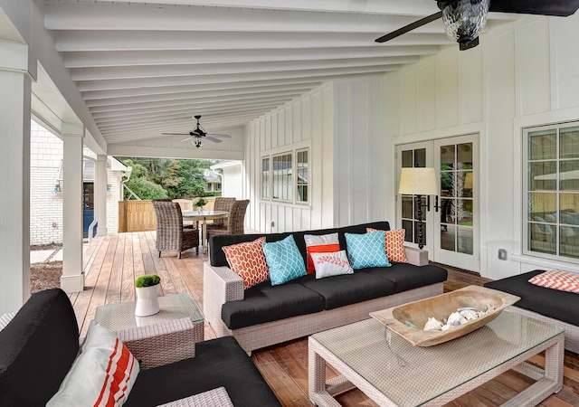 view of patio featuring french doors, outdoor lounge area, outdoor dining area, and a ceiling fan
