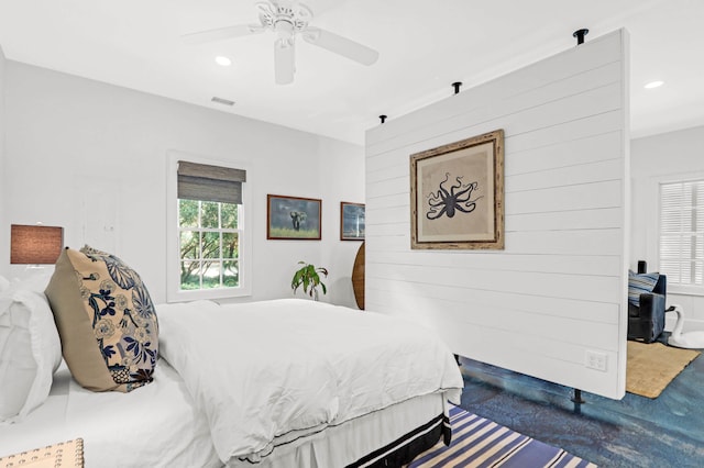 bedroom featuring visible vents, recessed lighting, and ceiling fan