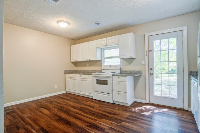 kitchen featuring white cabinetry, dark hardwood / wood-style flooring, plenty of natural light, and white range with electric stovetop