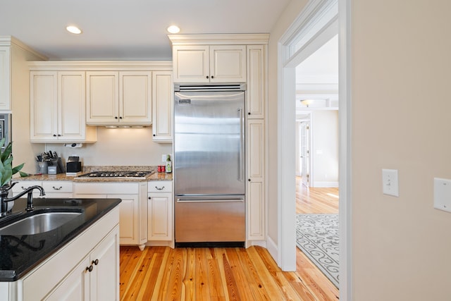 kitchen with stainless steel appliances, sink, and light hardwood / wood-style flooring