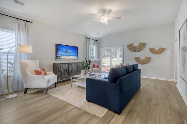 TBD Oleary Cir, Summerville, SC 29483 - living room with a ceiling fan, lofted ceiling, light wood-type flooring, baseboards, and visible vents