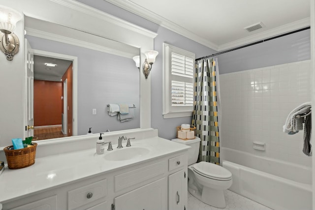 bathroom with vanity, visible vents, ornamental molding, shower / tub combo, and toilet