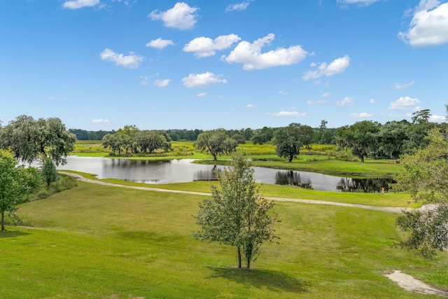 view of property's community featuring a water view and a lawn