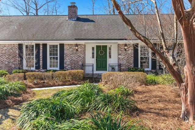 view of front of house with a shingled roof, brick siding, and a chimney