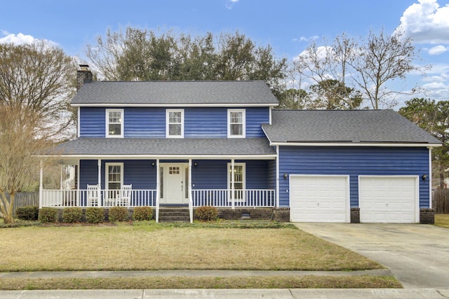 view of front of property with a garage, a front yard, and covered porch