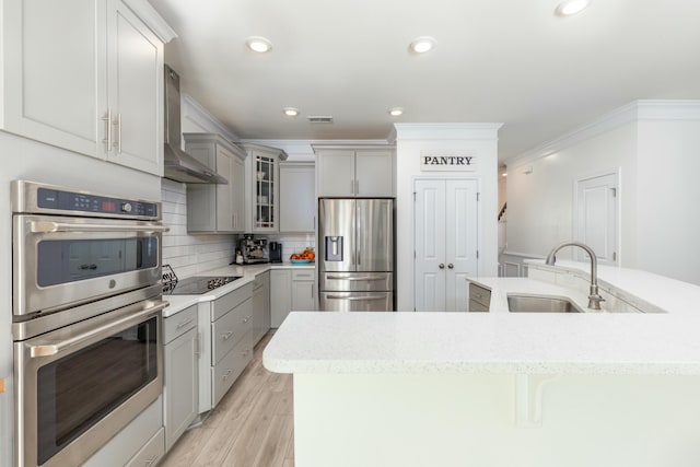 kitchen with gray cabinetry, a sink, backsplash, appliances with stainless steel finishes, and wall chimney range hood