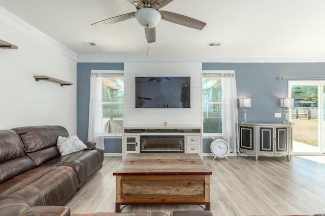 living area featuring light wood-type flooring, visible vents, a ceiling fan, and crown molding