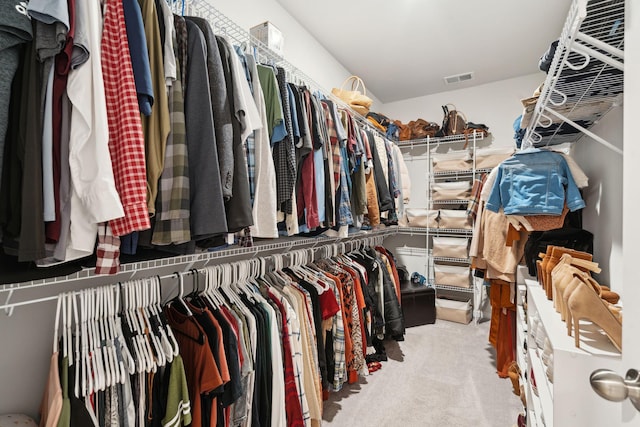 walk in closet with light carpet