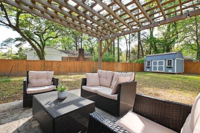 2158 Till Rd, Charleston, SC 29414 - fenced backyard featuring an outdoor hangout area, a shed, a pergola, and a patio area