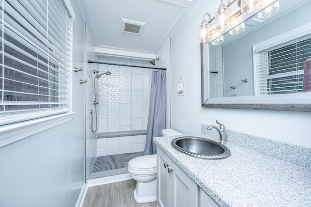 bathroom with vanity, curtained shower, toilet, and wood-type flooring