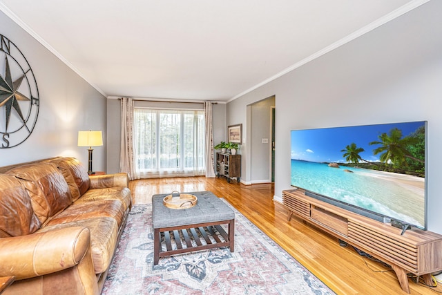 living room with light wood-type flooring and crown molding