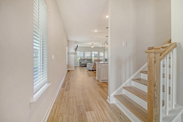 299 Lucca Dr, Summerville, SC 29486 - stairs with a ceiling fan, wood finished floors, and recessed lighting
