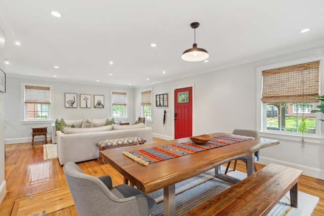 293 Grove St, Charleston, SC 29403 - dining space with plenty of natural light, baseboards, recessed lighting, ornamental molding, and light wood-style flooring