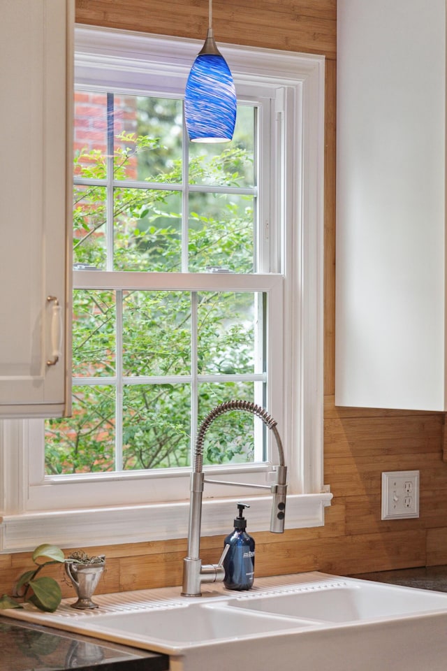 293 Grove St, Charleston, SC 29403 - detailed view of a sink, wood walls, white cabinetry, and pendant lighting