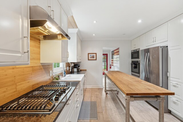 293 Grove St, Charleston, SC 29403 - kitchen featuring under cabinet range hood, a sink, appliances with stainless steel finishes, white cabinetry, and ornamental molding