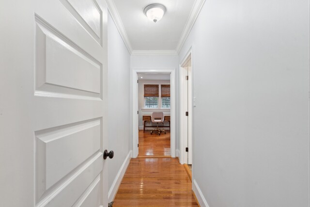 293 Grove St, Charleston, SC 29403 - hallway featuring light wood-type flooring, crown molding, an office area, and baseboards