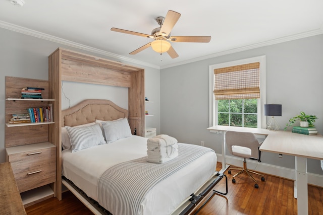 293 Grove St, Charleston, SC 29403 - bedroom featuring crown molding, wood finished floors, an office area, baseboards, and ceiling fan