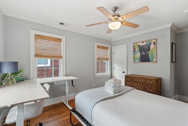 293 Grove St, Charleston, SC 29403 - bedroom with dark wood-style flooring, ornamental molding, baseboards, an office area, and ceiling fan