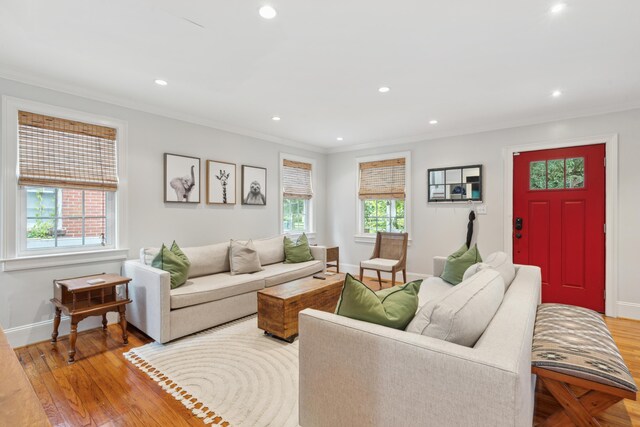293 Grove St, Charleston, SC 29403 - living room with baseboards, recessed lighting, crown molding, and wood finished floors