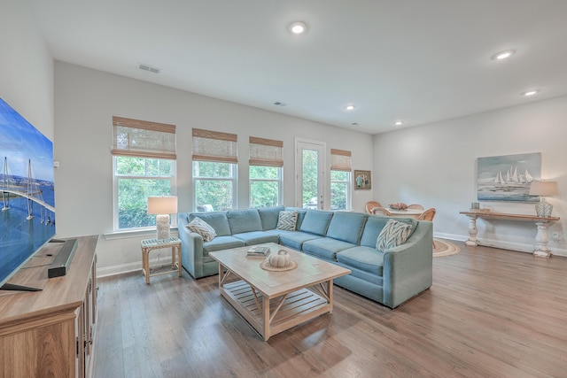 living room with light hardwood / wood-style flooring