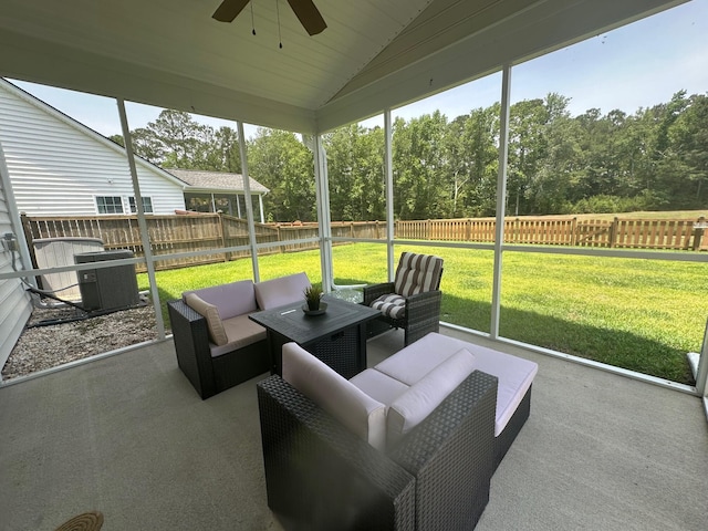 677 Redbud Ln, Summerville, SC 29486 - sunroom with a ceiling fan, outdoor lounge area, lofted ceiling, and view of scattered trees