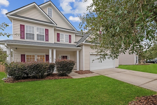 view of front facade with a garage and a front lawn