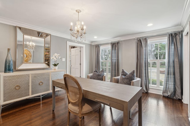 dining room featuring crown molding, a notable chandelier, recessed lighting, and wood-type flooring