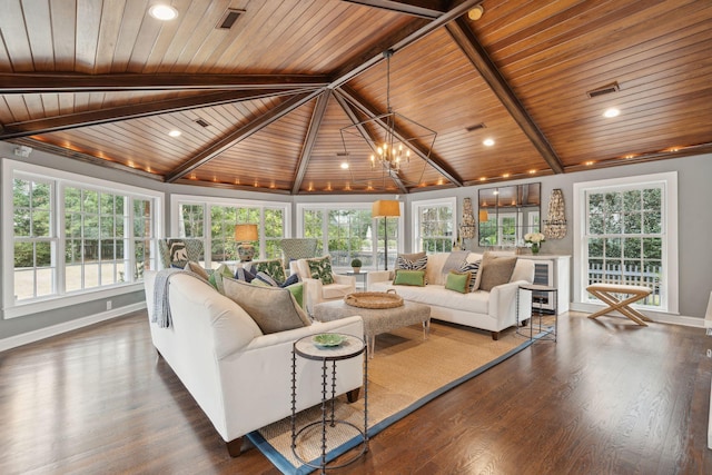 living room featuring visible vents, dark wood-type flooring, baseboards, wood ceiling, and lofted ceiling with beams