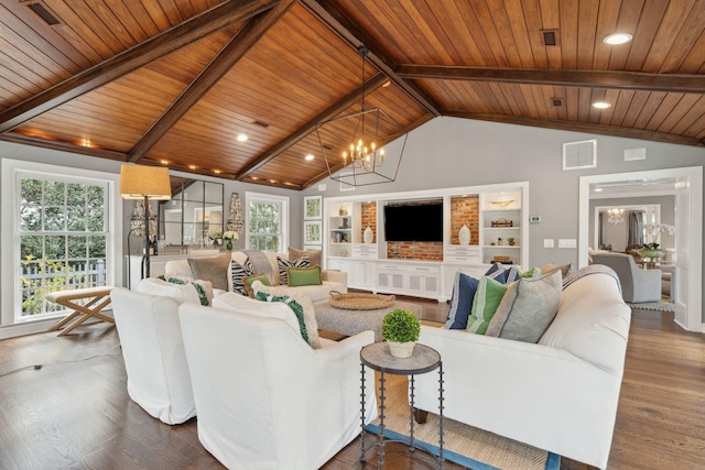 living room with beam ceiling, wood ceiling, dark wood-style floors, and visible vents