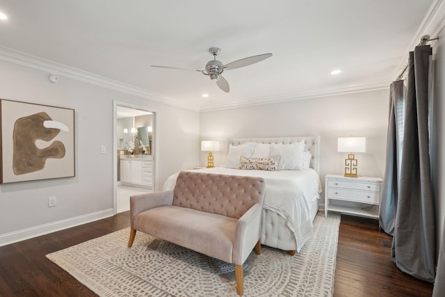 bedroom with recessed lighting, baseboards, wood finished floors, and ornamental molding