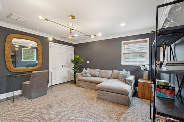 living area with baseboards, visible vents, and ornamental molding