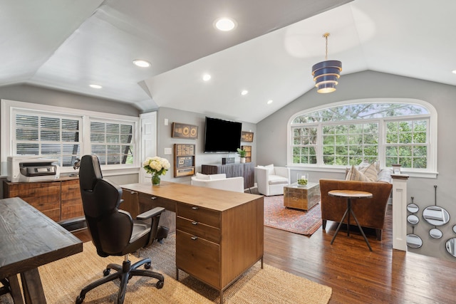 office space featuring vaulted ceiling, recessed lighting, and wood finished floors