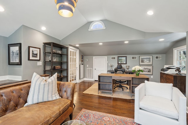 living room with wood finished floors, visible vents, baseboards, lofted ceiling, and recessed lighting