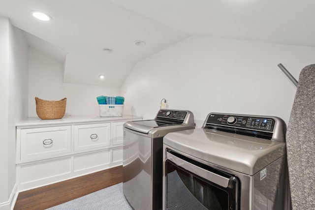 clothes washing area with recessed lighting, independent washer and dryer, and dark wood-type flooring