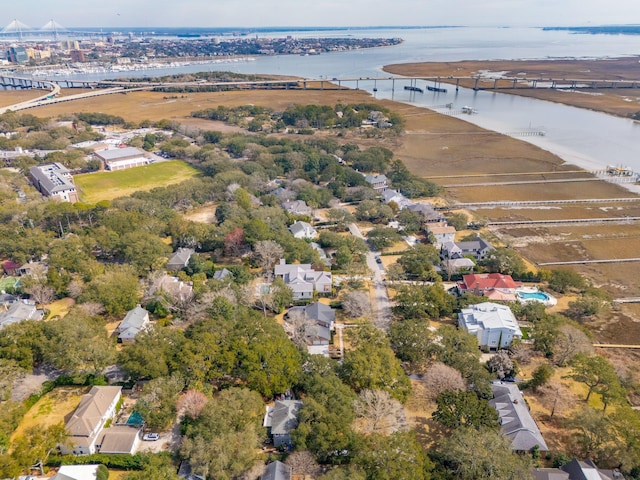 birds eye view of property featuring a residential view and a water view