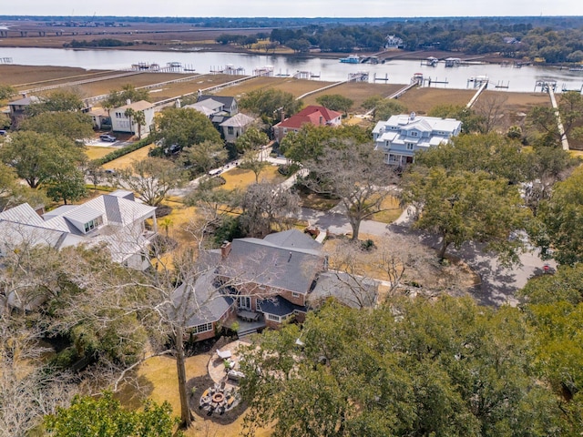 aerial view featuring a residential view and a water view