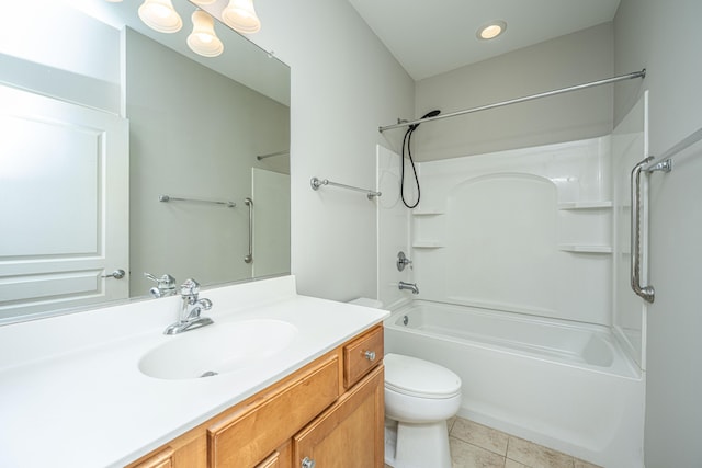 full bathroom featuring shower / bathtub combination, vanity, toilet, and tile patterned floors