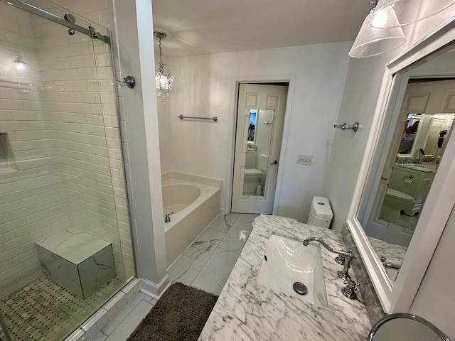 81 Sandbar Ln Unit 28, Folly Beach, SC 29439 - full bath with a garden tub, marble look tile flooring, a shower stall, and toilet