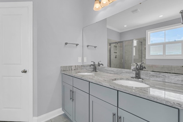 bathroom featuring vanity, ornamental molding, and walk in shower