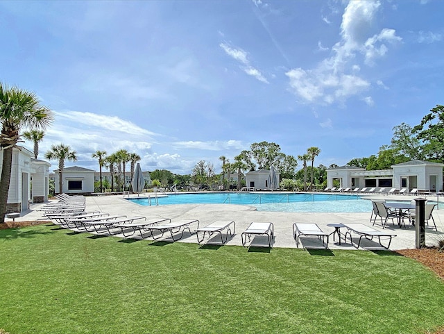 view of pool featuring a patio and a lawn