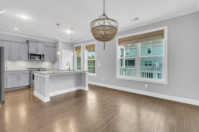 kitchen with a kitchen island with sink, dark hardwood / wood-style floors, pendant lighting, gray cabinets, and appliances with stainless steel finishes