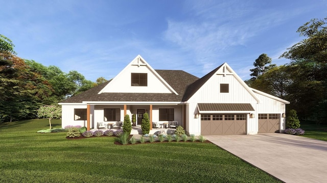 view of front facade with a front lawn, covered porch, and a garage