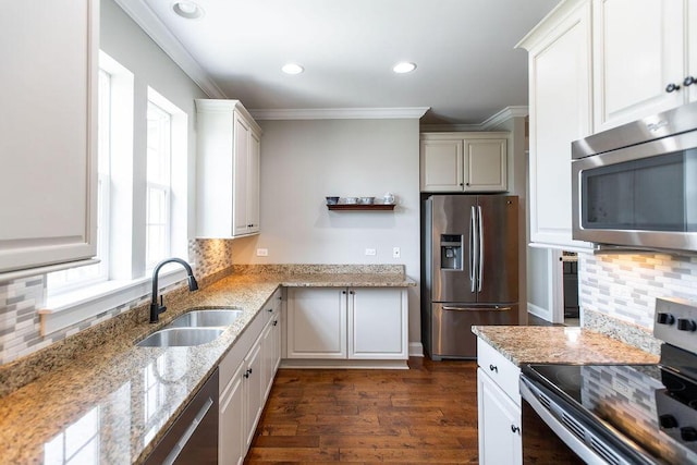 225 Slipper Shell Ct, Mount Pleasant, SC 29464 - kitchen with appliances with stainless steel finishes, a sink, crown molding, dark wood-style flooring, and decorative backsplash