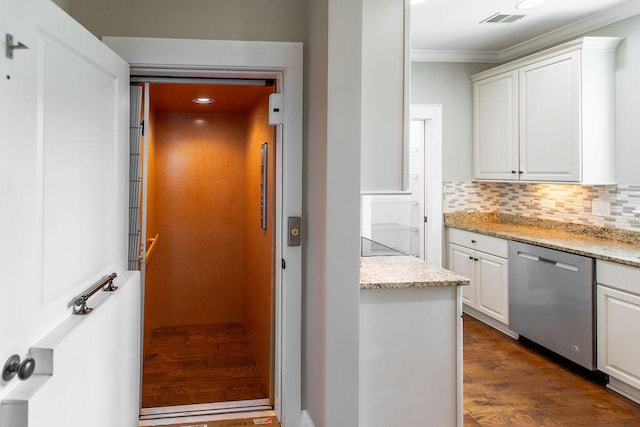 225 Slipper Shell Ct, Mount Pleasant, SC 29464 - kitchen featuring dishwasher, ornamental molding, dark wood-style floors, white cabinetry, and tasteful backsplash