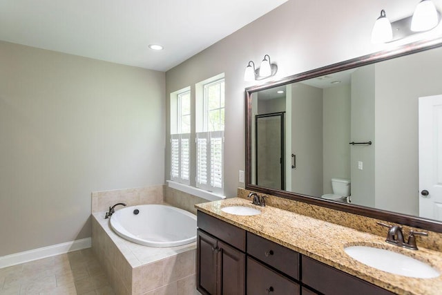 225 Slipper Shell Ct, Mount Pleasant, SC 29464 - full bath featuring a garden tub, toilet, double vanity, tile patterned flooring, and a shower stall