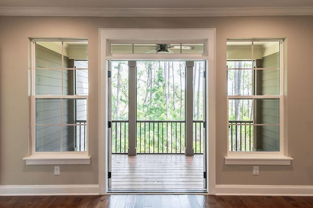 225 Slipper Shell Ct, Mount Pleasant, SC 29464 - doorway with wood finished floors, baseboards, ornamental molding, and ceiling fan