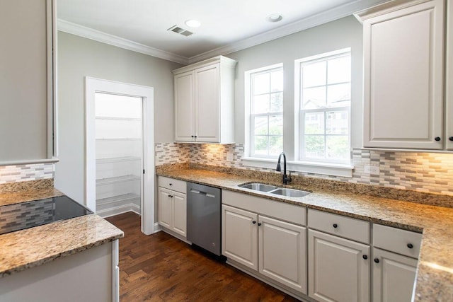 225 Slipper Shell Ct, Mount Pleasant, SC 29464 - kitchen with stainless steel dishwasher, a sink, decorative backsplash, ornamental molding, and white cabinets