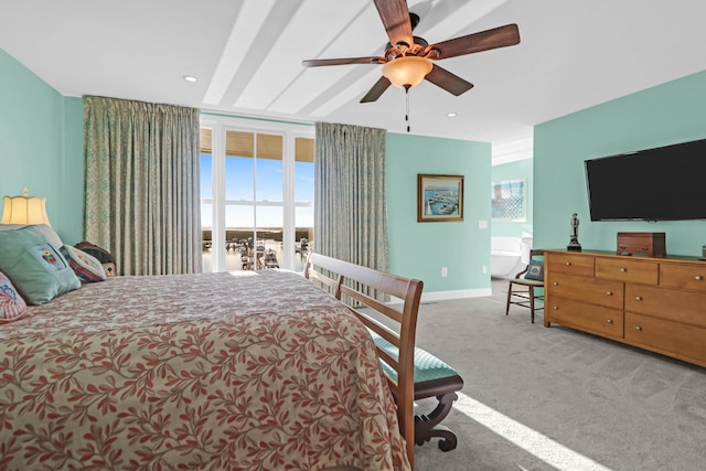 bedroom featuring light carpet and ceiling fan